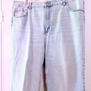Wide leg, light wash jeans.
